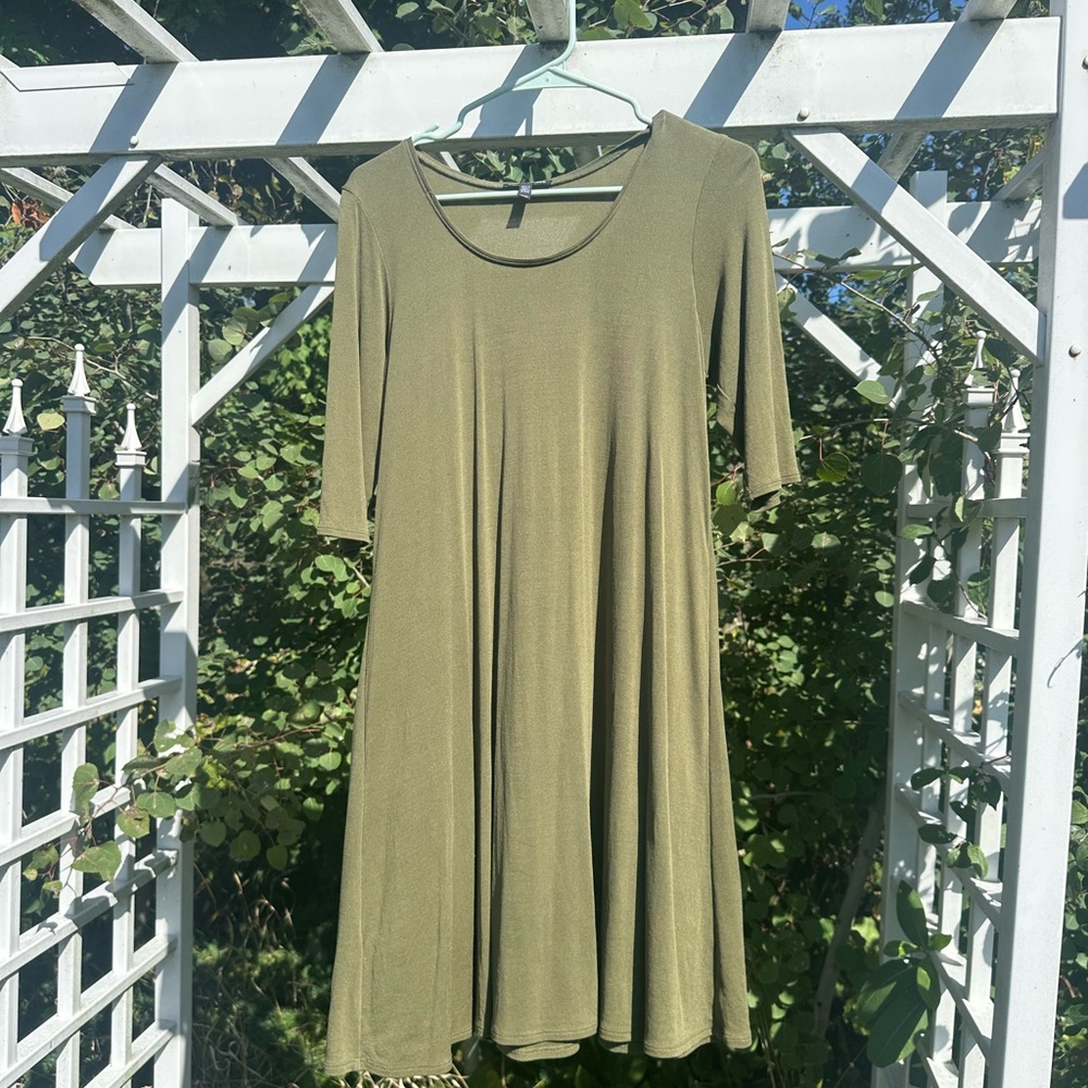 Eileen Fisher Olive Green Silk Scoop Neck Dress